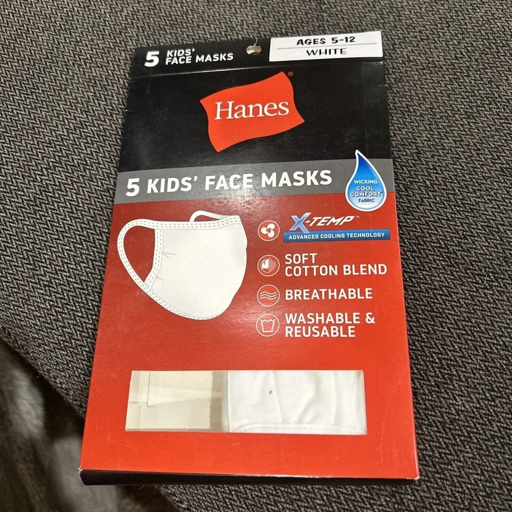 Hanes 100% Cotton Face Masks Pack of 5 White New Wicking Cool Comfort Kids 5-12